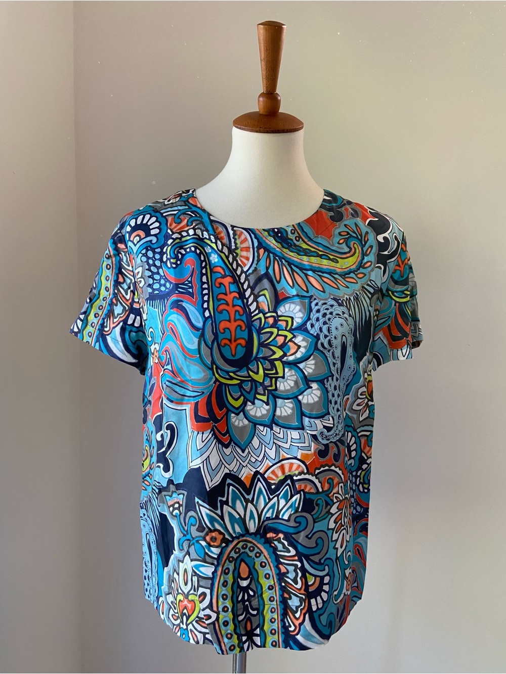 NWOT Vintage J. Crew Collection Silk Blue & Teal Paisley Short Sleeve Top
